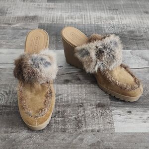 Coach Tan Suede Wedge Mules with Fur Trim